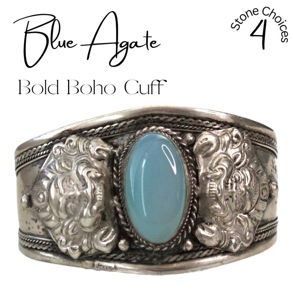 🎉 HOST PICK!🎉 NWT Huge Blue Agate Stone Antiqued Silvertone Boho Cuff Bracelet